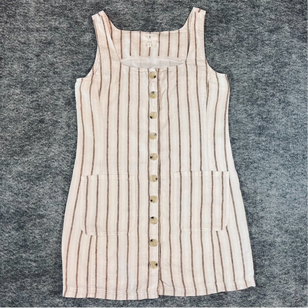 Lou & Grey 100% Linen Mini Dress Womens M Brown Cream Striped Button Front Shift